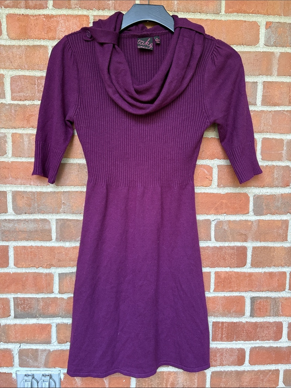 EUC Sz M take out Plum Cowl Neck Ribbed Knit Sweater Dress